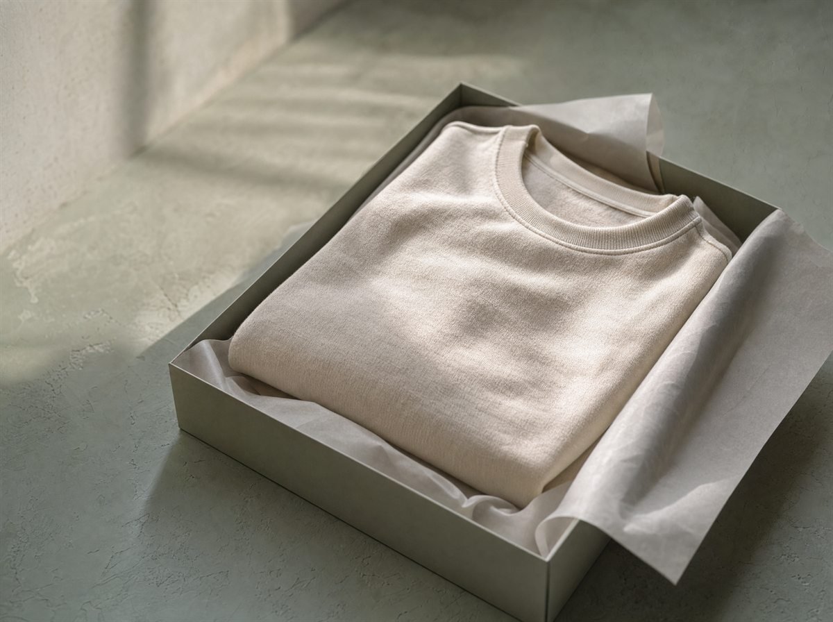 Playera doblada sobre papel de seda, lista para enviar