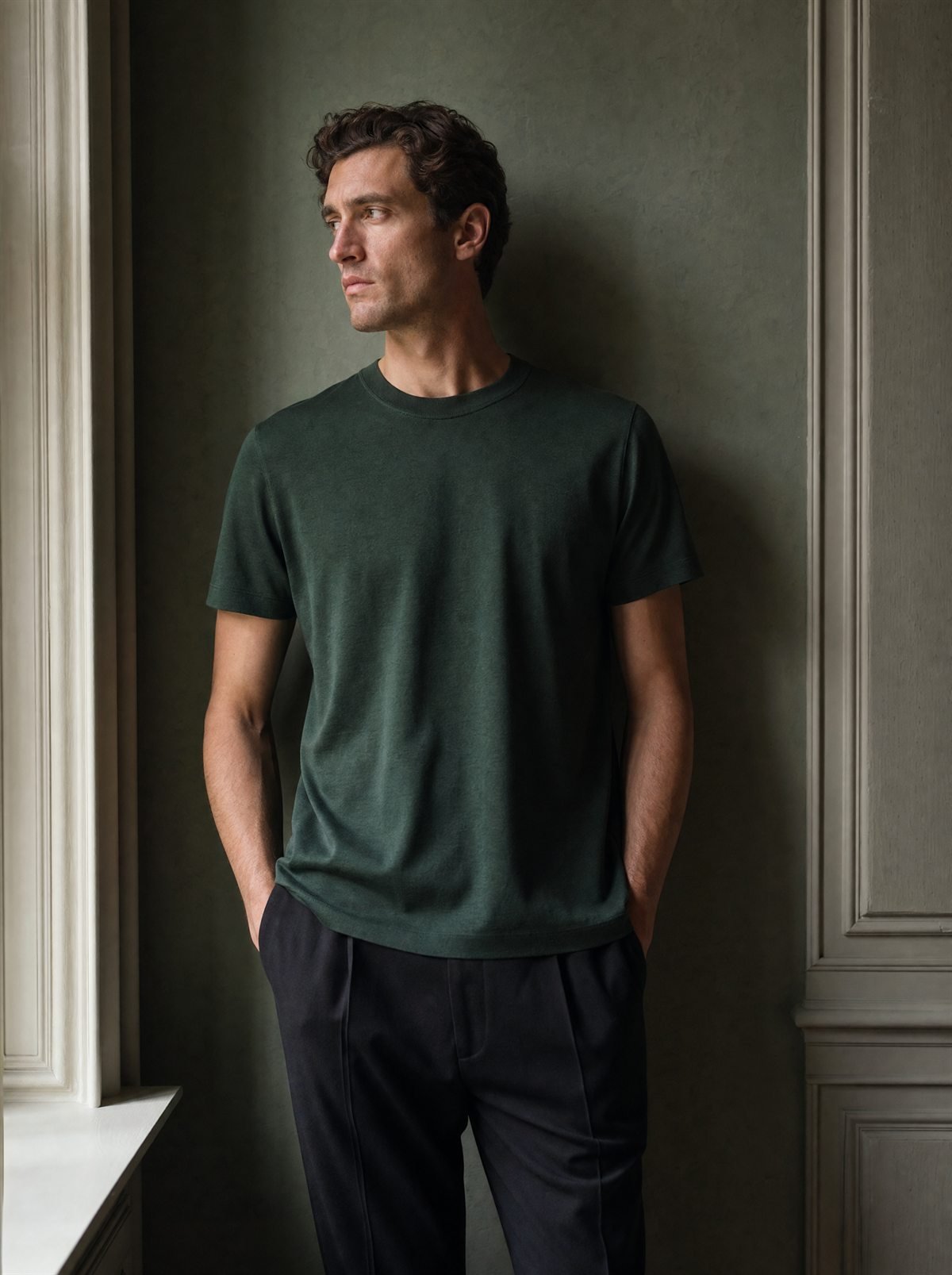 Playera de algodón en verde bosque, junto a la ventana de la casa