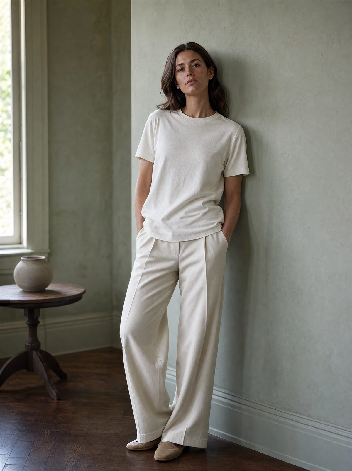 Playera de algodón en crema, con pantalón sastre marfil